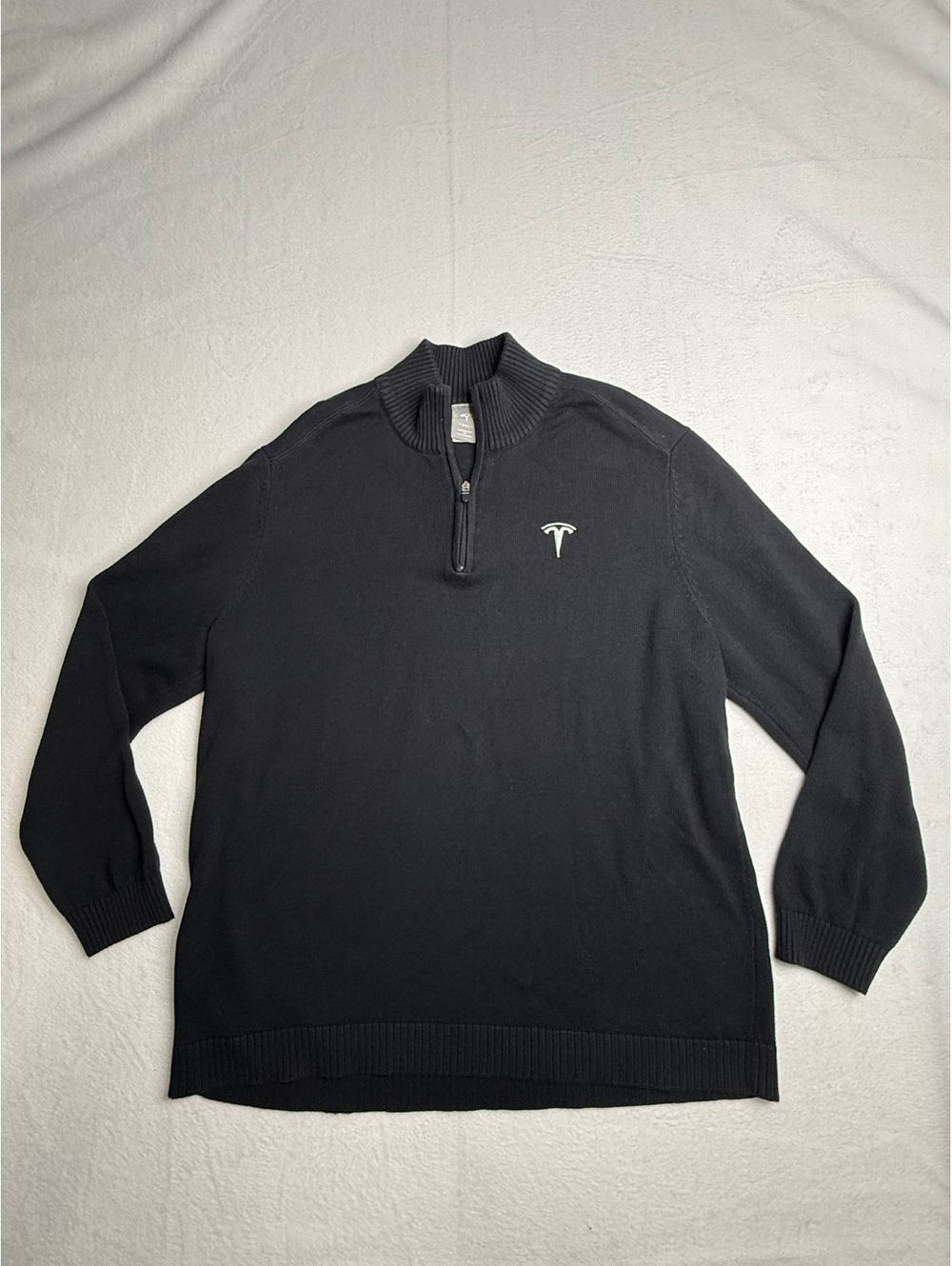 Tesla Motors Men’s 2XL Black Quarter Zip Sweater Embroidered Logo Cotton Blend
